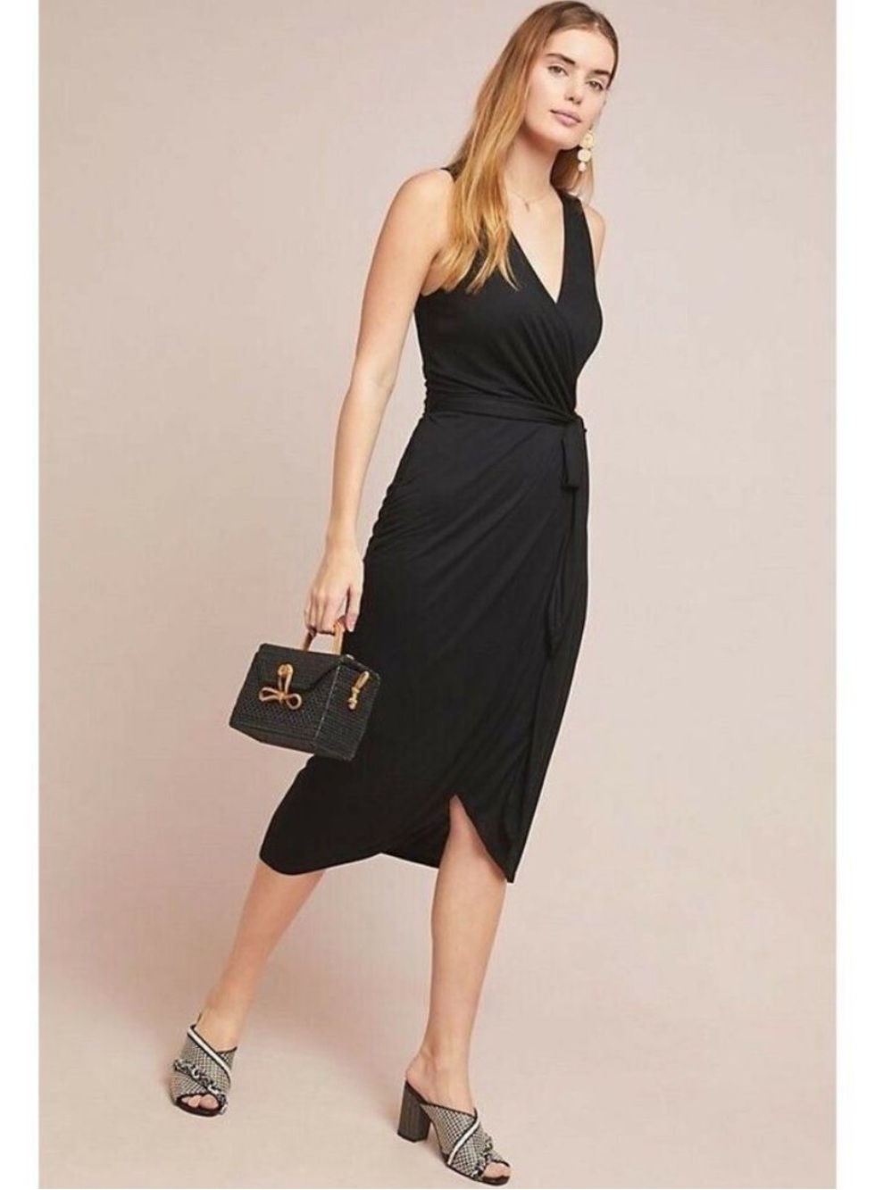 Anthropologie Maeve Mayer Wrap Style Midi Dress faux wrap tulip belt Black S